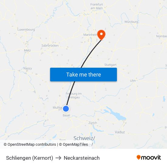 Schliengen (Kernort) to Neckarsteinach map