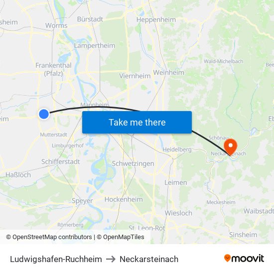 Ludwigshafen-Ruchheim to Neckarsteinach map