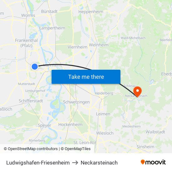 Ludwigshafen-Friesenheim to Neckarsteinach map