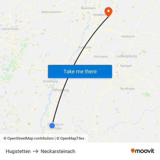 Hugstetten to Neckarsteinach map