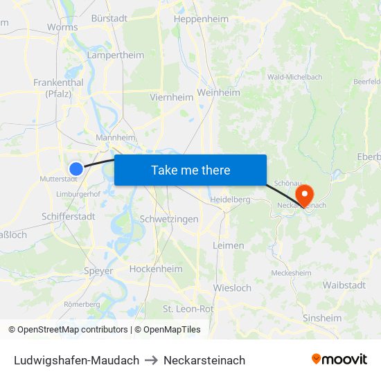 Ludwigshafen-Maudach to Neckarsteinach map