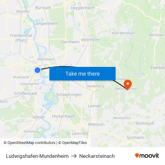 Ludwigshafen-Mundenheim to Neckarsteinach map