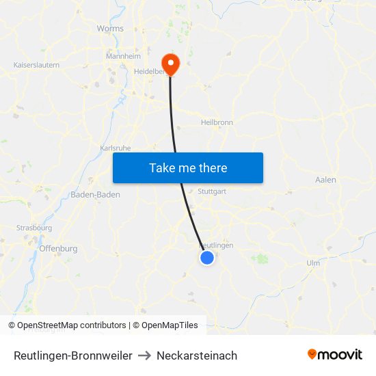 Reutlingen-Bronnweiler to Neckarsteinach map