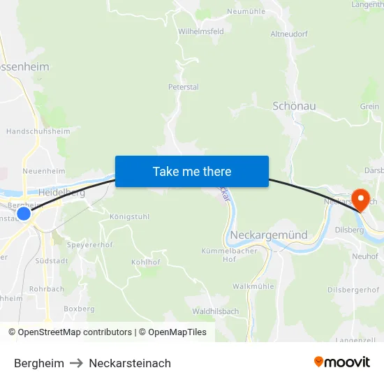 Bergheim to Neckarsteinach map