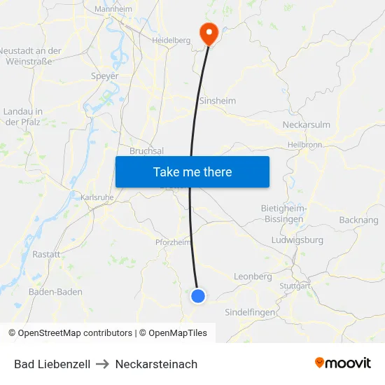 Bad Liebenzell to Neckarsteinach map