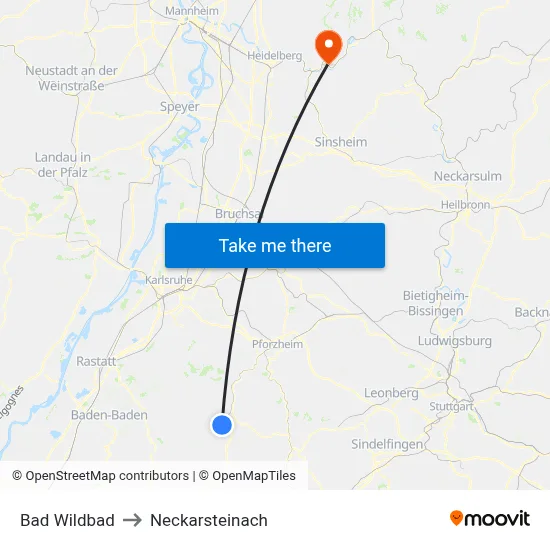 Bad Wildbad to Neckarsteinach map