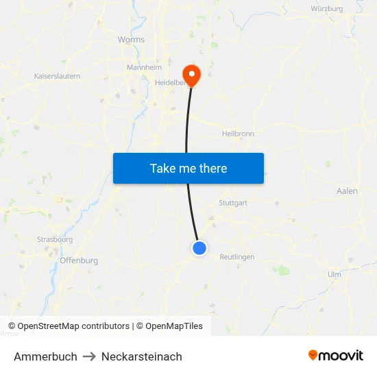 Ammerbuch to Neckarsteinach map