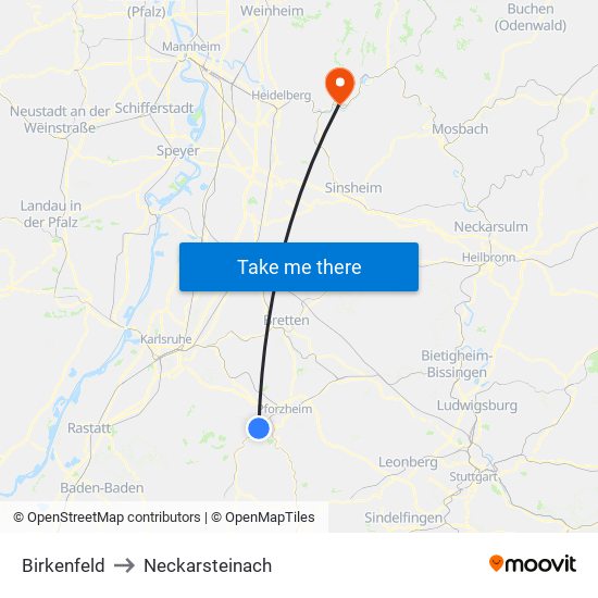 Birkenfeld to Neckarsteinach map