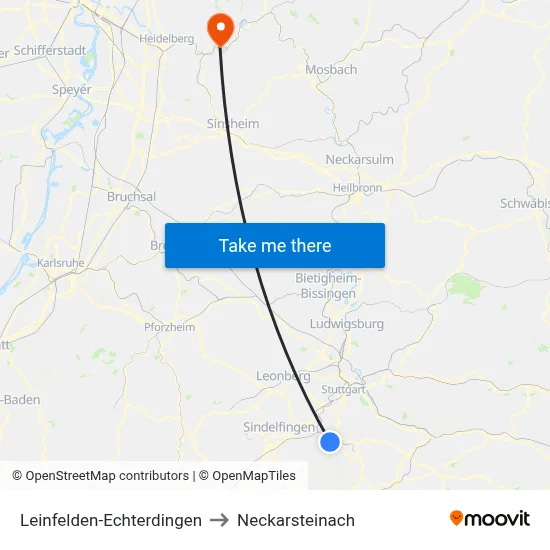 Leinfelden-Echterdingen to Neckarsteinach map