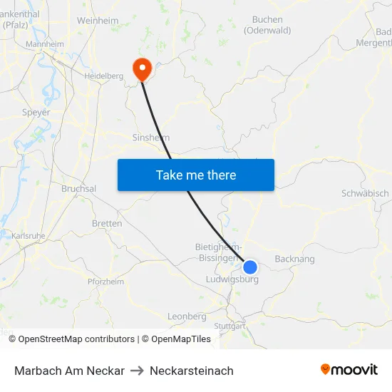 Marbach Am Neckar to Neckarsteinach map