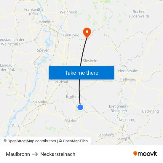 Maulbronn to Neckarsteinach map