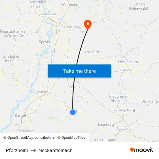 Pforzheim to Neckarsteinach map