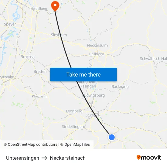 Unterensingen to Neckarsteinach map