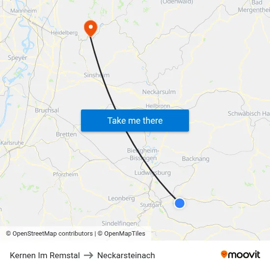 Kernen Im Remstal to Neckarsteinach map