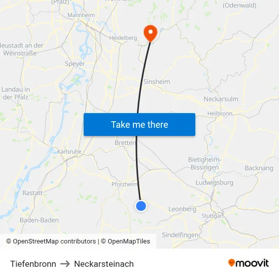 Tiefenbronn to Neckarsteinach map