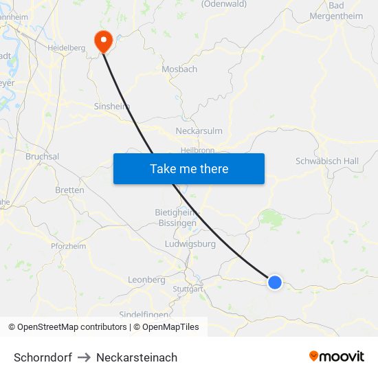 Schorndorf to Neckarsteinach map