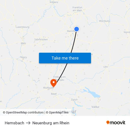 Hemsbach to Neuenburg am Rhein map