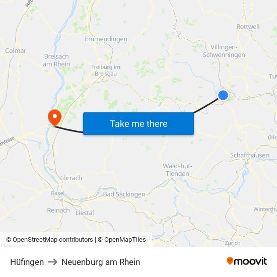 Hüfingen to Neuenburg am Rhein map