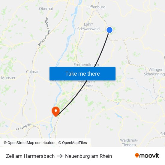 Zell am Harmersbach to Neuenburg am Rhein map