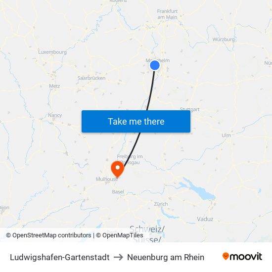 Ludwigshafen-Gartenstadt to Neuenburg am Rhein map