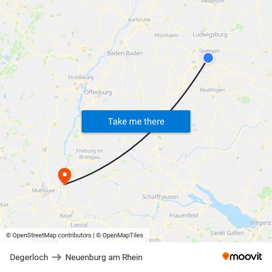 Degerloch to Neuenburg am Rhein map