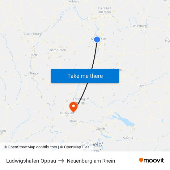 Ludwigshafen-Oppau to Neuenburg am Rhein map