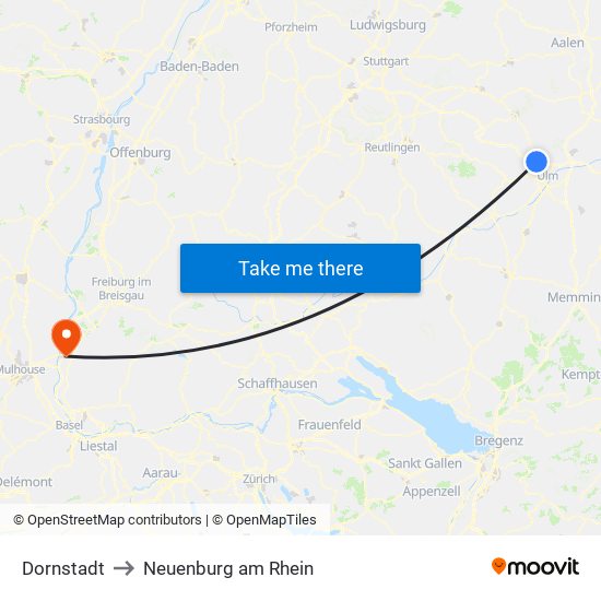 Dornstadt to Neuenburg am Rhein map