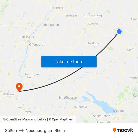 Süßen to Neuenburg am Rhein map