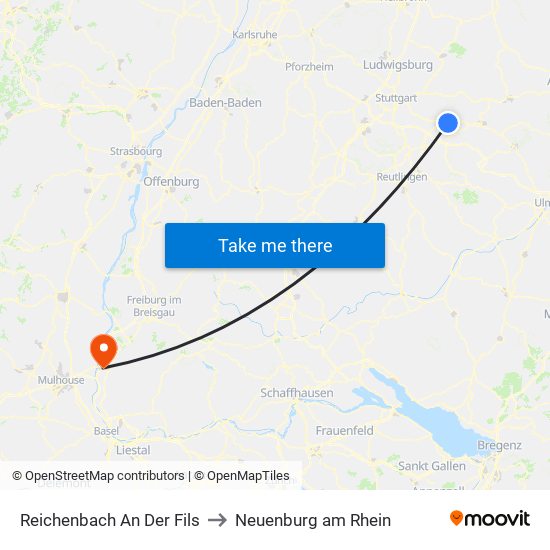 Reichenbach An Der Fils to Neuenburg am Rhein map