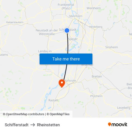 Schifferstadt to Rheinstetten map