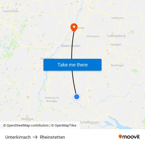 Unterkirnach to Rheinstetten map