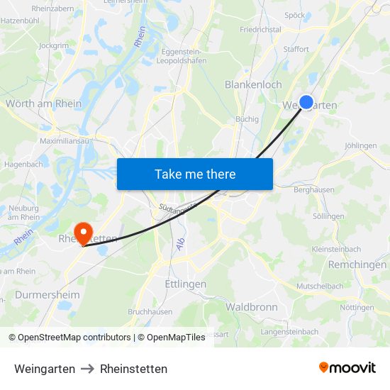 Weingarten to Rheinstetten map