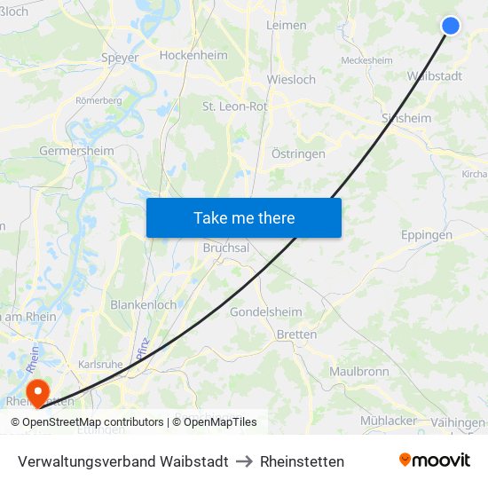 Verwaltungsverband Waibstadt to Rheinstetten map