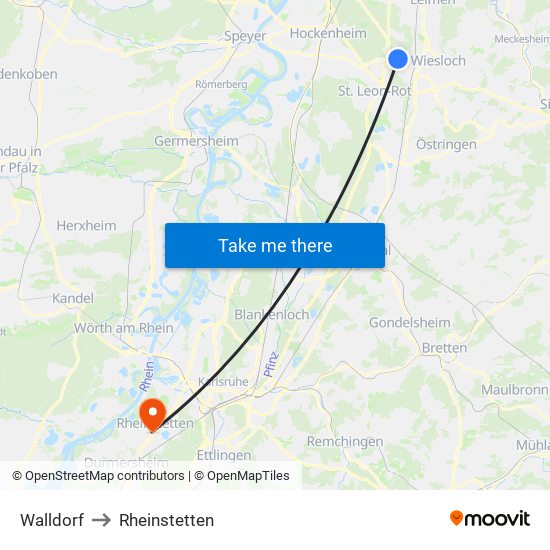 Walldorf to Rheinstetten map