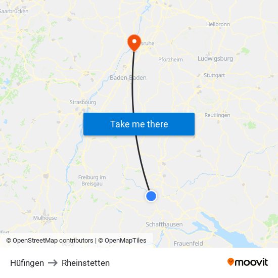 Hüfingen to Rheinstetten map