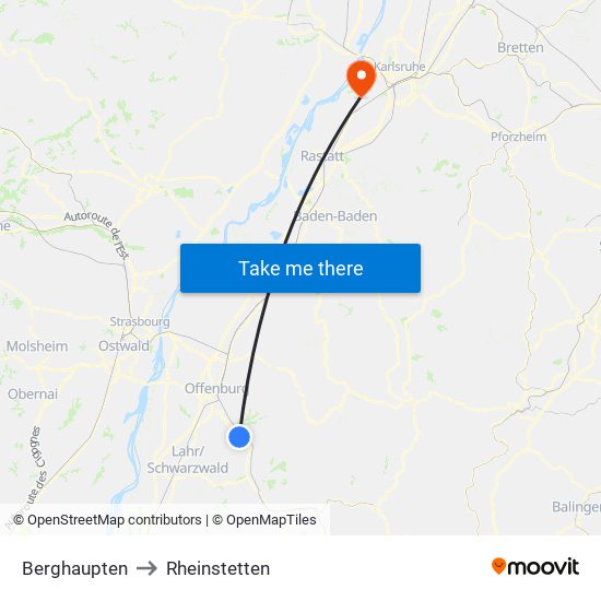 Berghaupten to Rheinstetten map