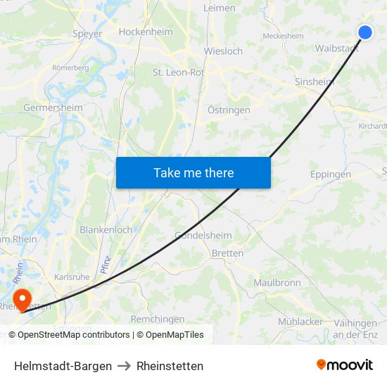 Helmstadt-Bargen to Rheinstetten map