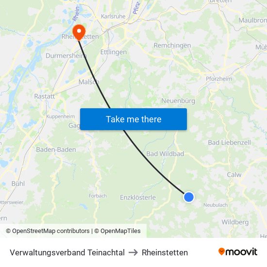 Verwaltungsverband Teinachtal to Rheinstetten map