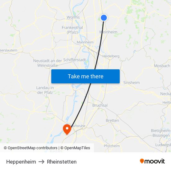 Heppenheim to Rheinstetten map