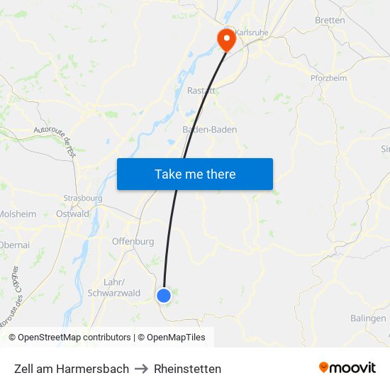 Zell am Harmersbach to Rheinstetten map