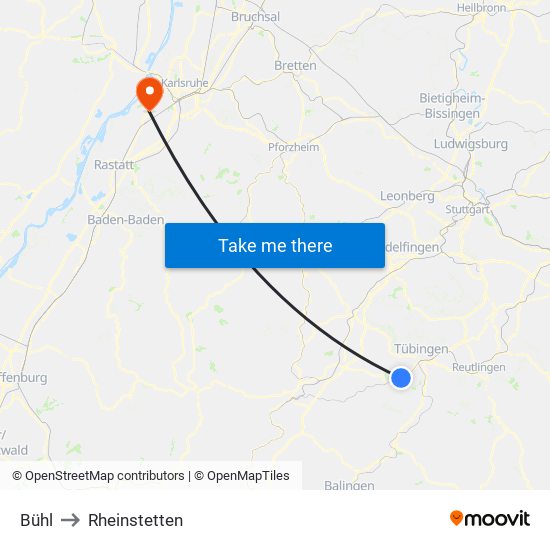 Bühl to Rheinstetten map
