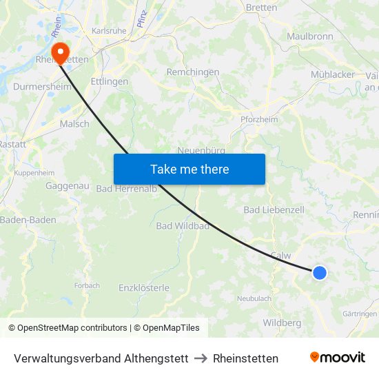 Verwaltungsverband Althengstett to Rheinstetten map