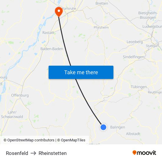 Rosenfeld to Rheinstetten map