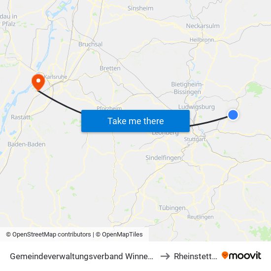 Gemeindeverwaltungsverband Winnenden to Rheinstetten map