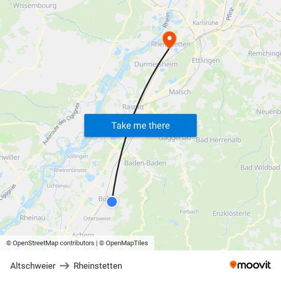 Altschweier to Rheinstetten map