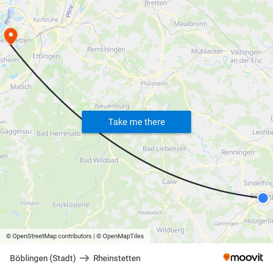 Böblingen (Stadt) to Rheinstetten map