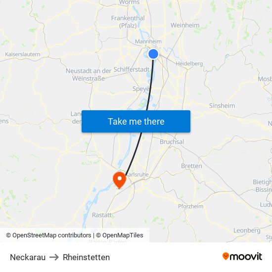 Neckarau to Rheinstetten map