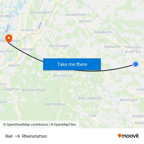 Riet to Rheinstetten map