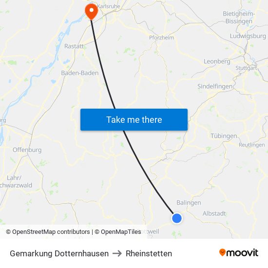 Gemarkung Dotternhausen to Rheinstetten map