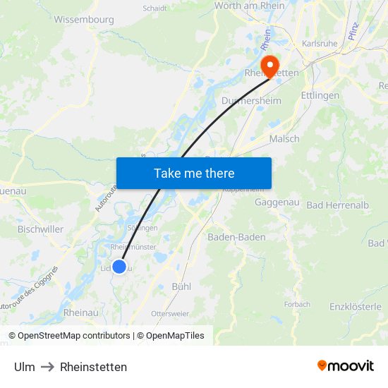 Ulm to Rheinstetten map